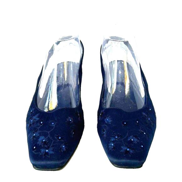 Vintage Fanfares Square Toe Navy Heels Floral Embellished Slingback 8.5 Retro - Picture 1 of 10